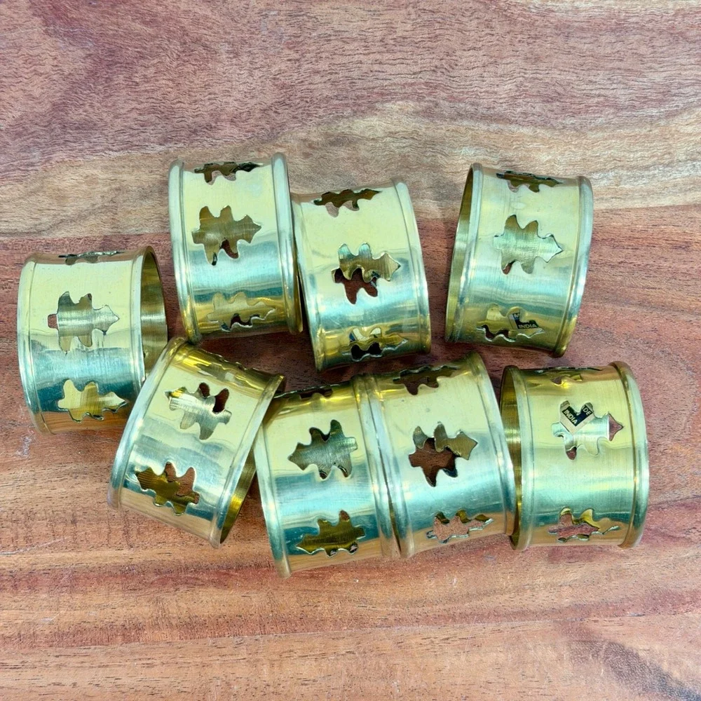 Set of 8 Brass Napkin‎ Rings Christmas Tree Cutout Made in India Table Decor
